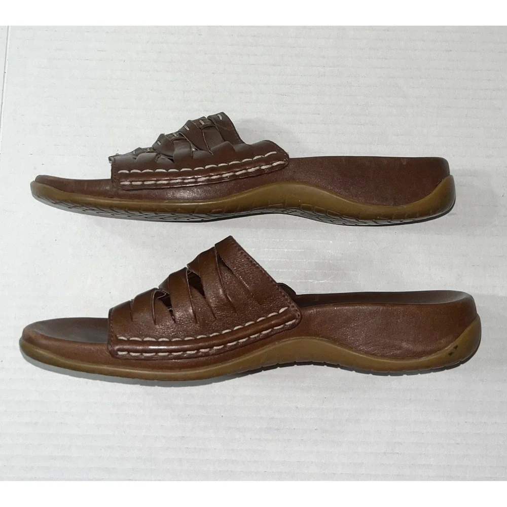 Clarks Woven Slide Sandals Womens 7M Brown Leather Slip On Woven Shoes Vacation